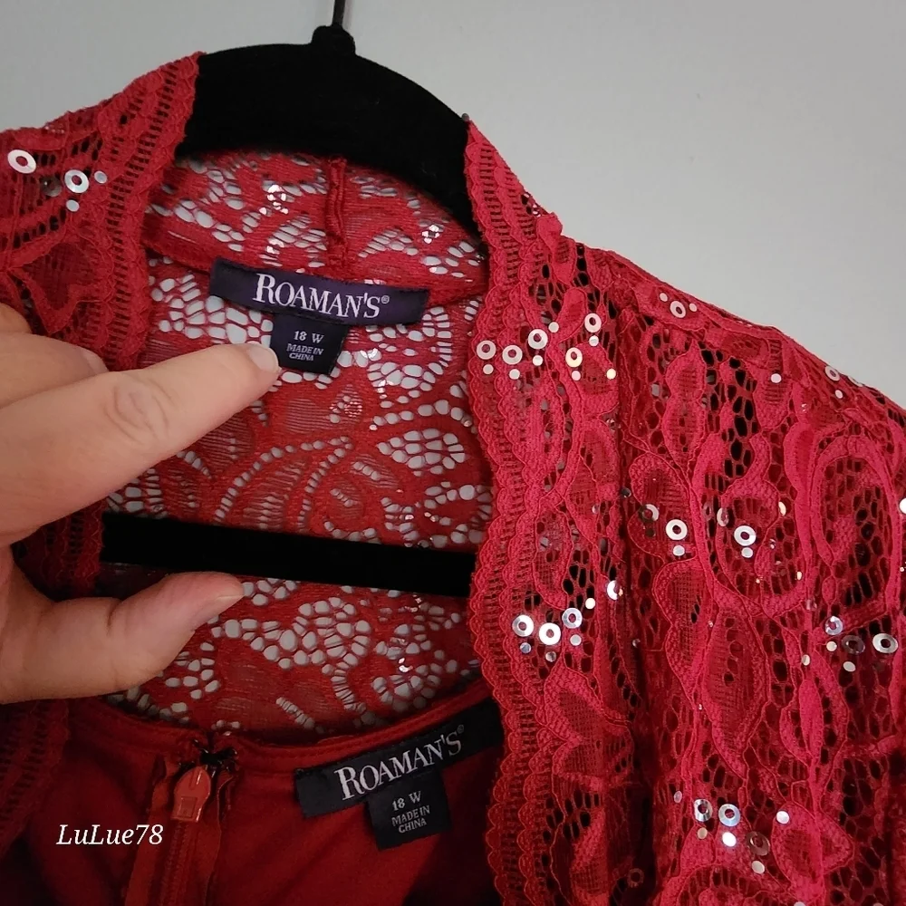 Roaman's Elegant Red Lace Sequin Women's Matching Duster & Dress Set 18W - Picture 5 of 15